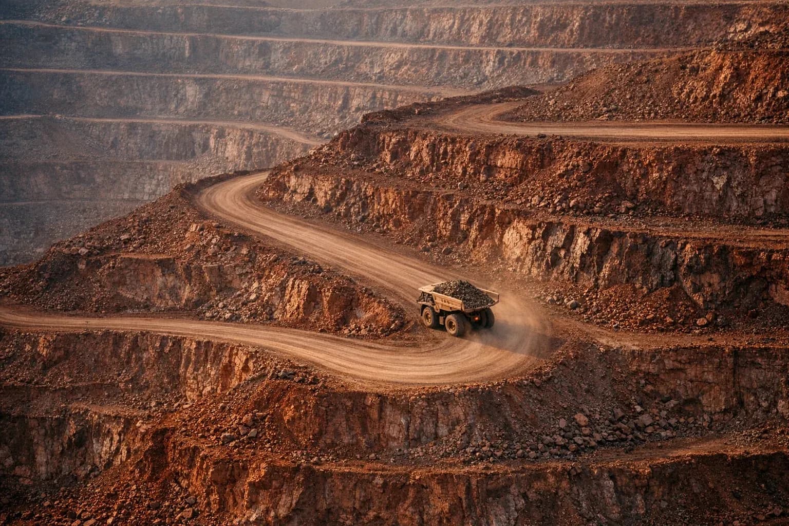 A haul truck on a switchback haul road cut into red iron ore, seen from above