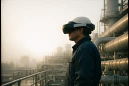 An energy field worker wearing an XR headset on a plant deck, in profile