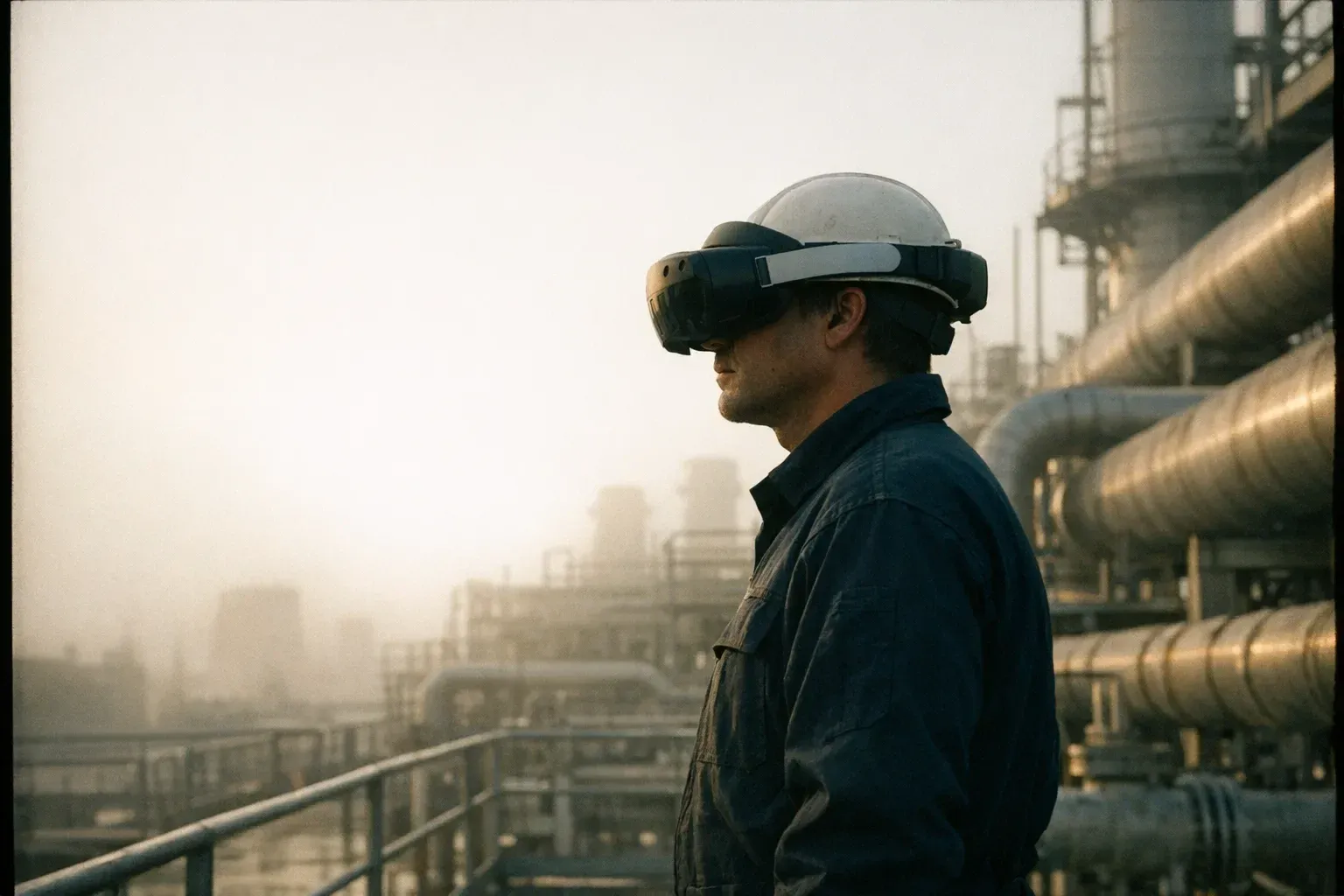 An energy field worker wearing an XR headset on a plant deck, in profile