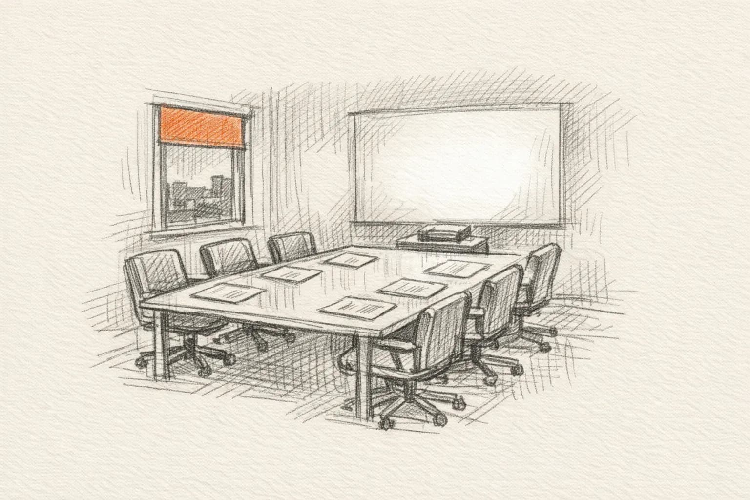 Pencil sketch: a small boardroom before a board meeting, chairs and printed packs, projector glow