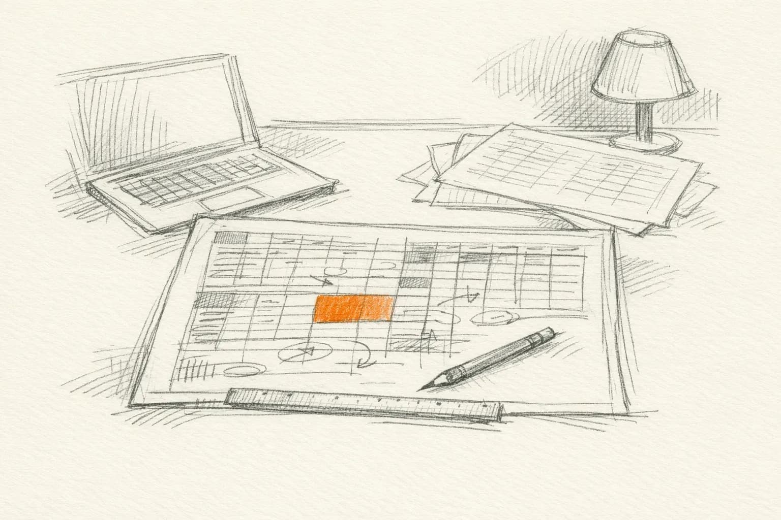 Pencil sketch: a printed financial model with pencil annotations beside a laptop in the evening