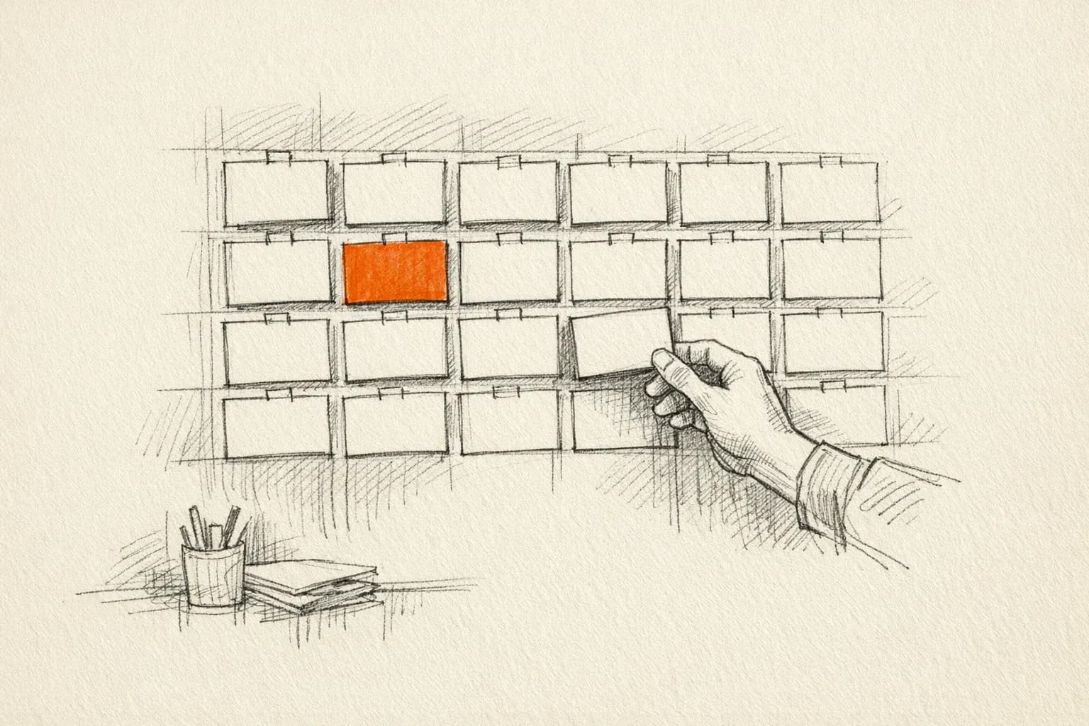 Pencil sketch: a wall of index cards arranged in a weekly grid, a hand moving one card