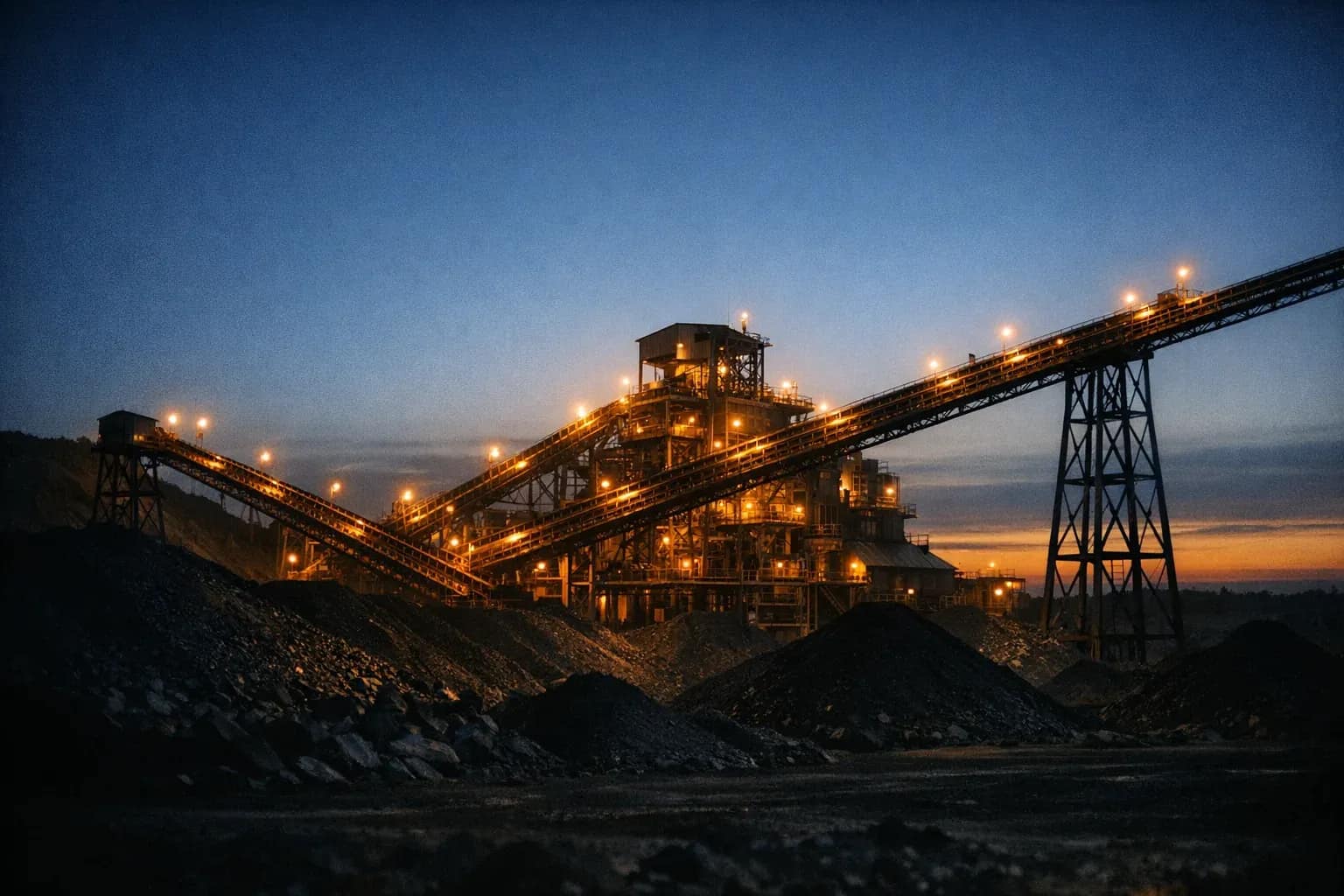 An iron ore processing plant at blue hour, conveyor galleries lit against the sky