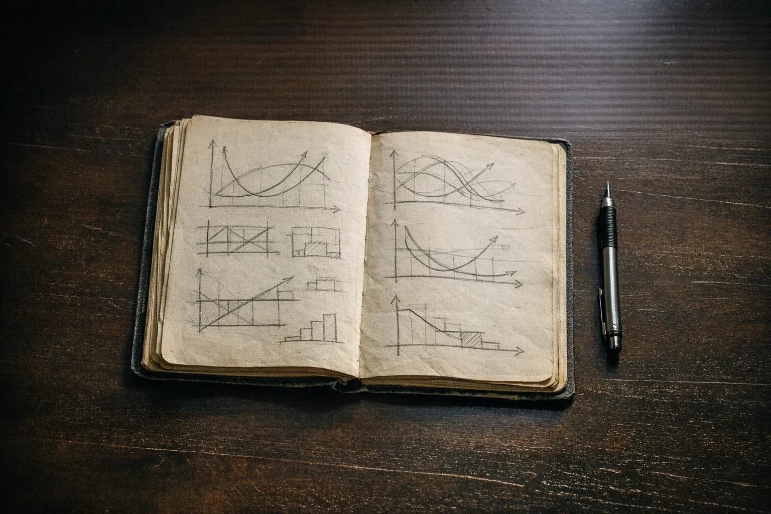 An engineer’s field notebook open to capital-model sketches on a boardroom table