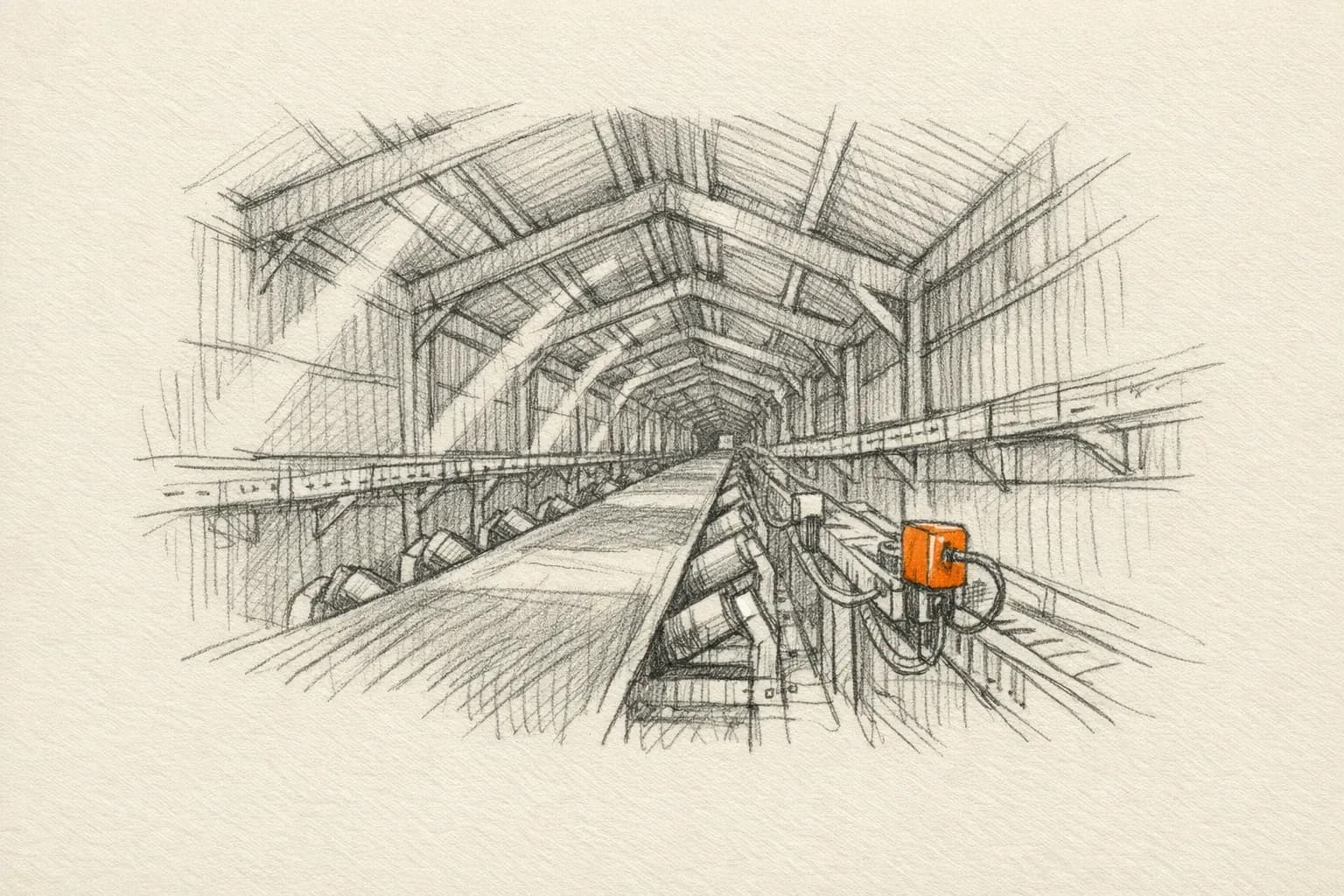 Pencil sketch: sensors and cable trays along a conveyor gallery inside a processing plant