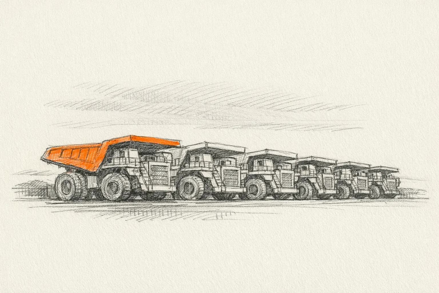 Pencil sketch: a line of mining haul trucks parked in a fleet yard at dusk