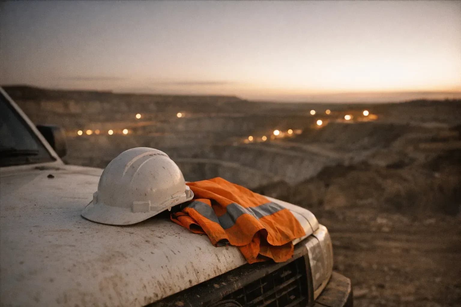 A hard hat and hi-vis vest resting on the bonnet of a site vehicle at dusk