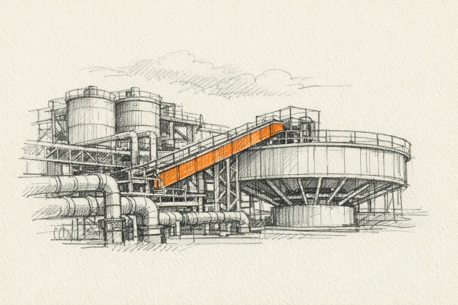 Pencil sketch: pipework and tanks of a mineral processing plant under an overcast sky
