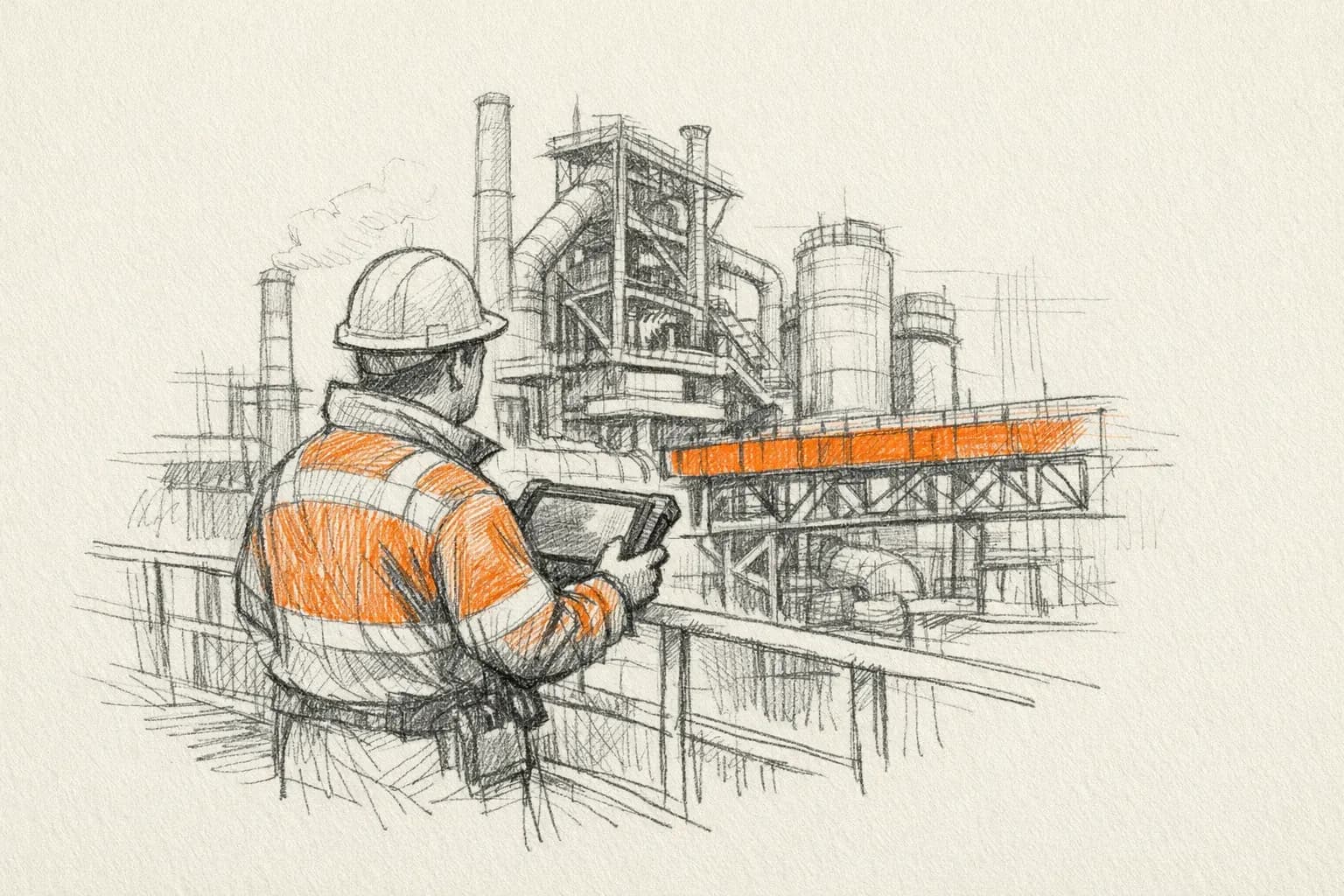Pencil sketch: a field technician in hi-vis holding a rugged tablet on a plant walkway, turned away