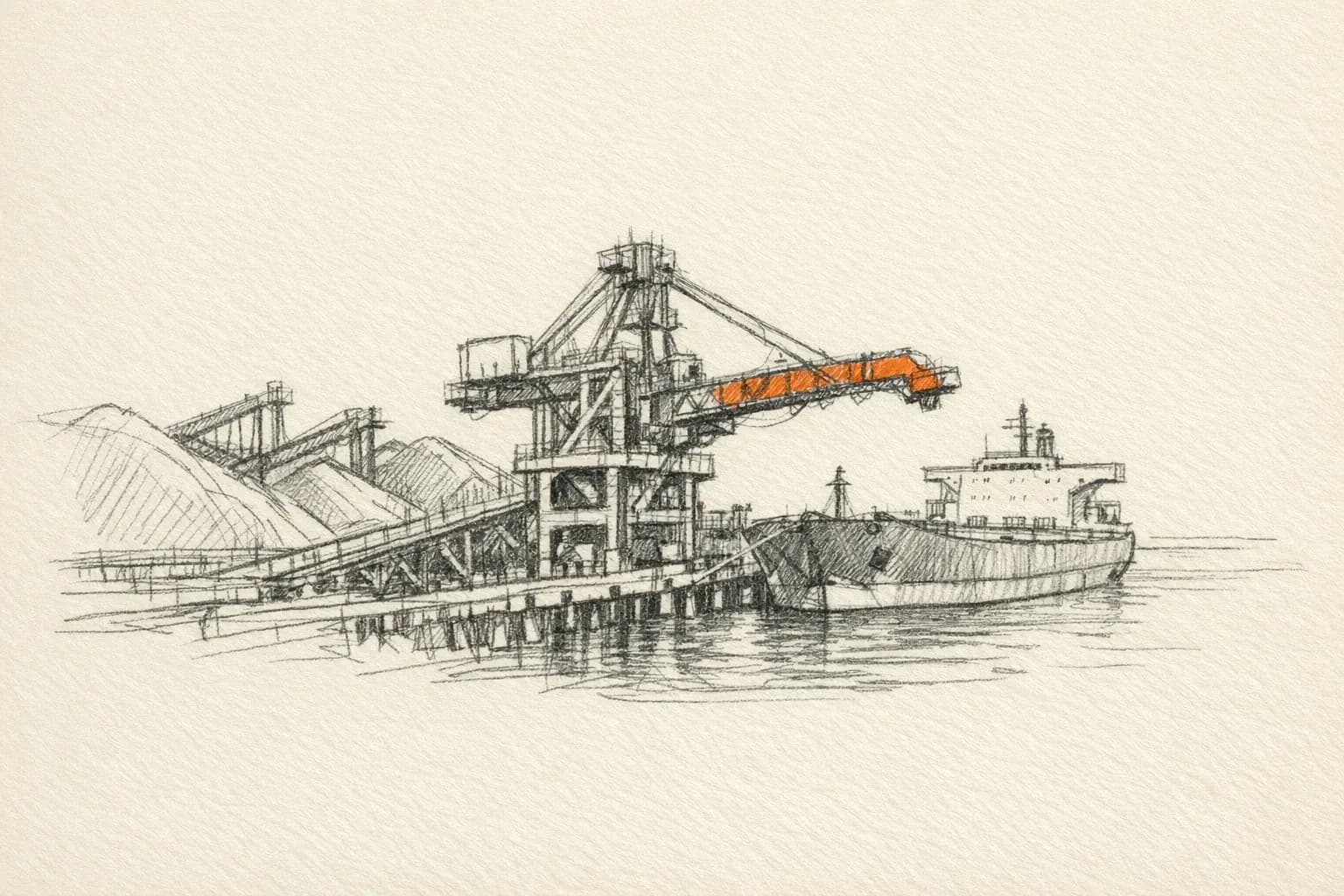 Pencil sketch: a bulk ore ship loader at a port with stockpiles and conveyors leading to the water